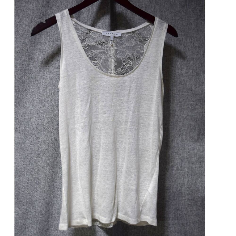 Sandro Linen Lace Back Tank Top Ivory Womens -1